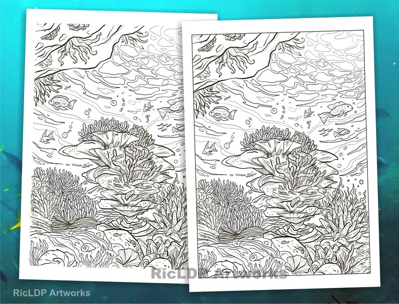 Two Under-the-Sea Coloring Pages Hand Drawn Doodles Boy swimming Whale, Shark, Stingray, Fishes, Turtle & Corals Digital downloads image 3