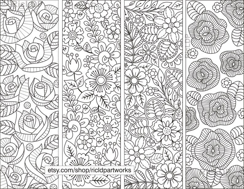 the second four designs of zentangle flower coloring bookmarks
