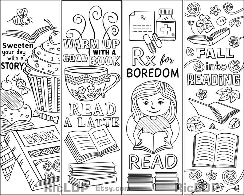 Download Set of 8 Coloring Bookmarks about Reading Books Cute Markers | Etsy