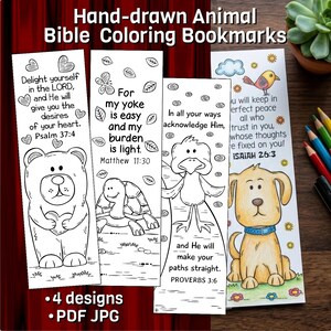May include: Four rectangular paper bookmarks featuring black and white line art of animals and Bible verses. Designs include a bear with a heart, a turtle, a bird, and a colored dog. Text includes Psalm 37:4, Matthew 11:30, Proverbs 3:6, and Isaiah 26:3.