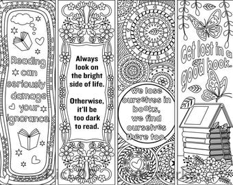 Coloring Bookmarks with Quotes on Books & Reading, Includes Colored Items,  Motivational Phrases,  Digital Download