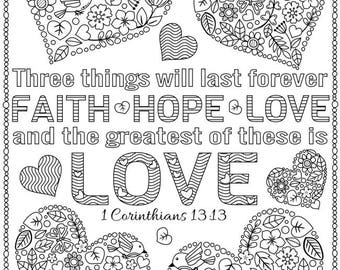 Three Coloring Pages with Bible Verses from  Corinthians - Scriptures on Love - Heart Doodles - Digital Download