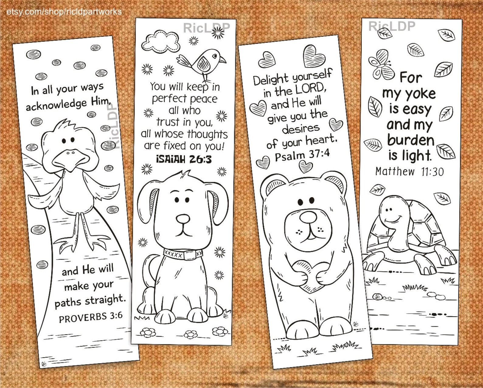 Four Bible Coloring Bookmarks With Animals Scripture Arts Matthew 11 30