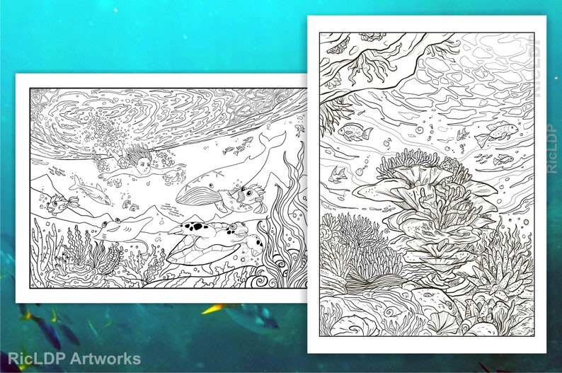 Two Under-the-Sea Coloring Pages Hand Drawn Doodles Boy swimming Whale, Shark, Stingray, Fishes, Turtle & Corals Digital downloads image 1