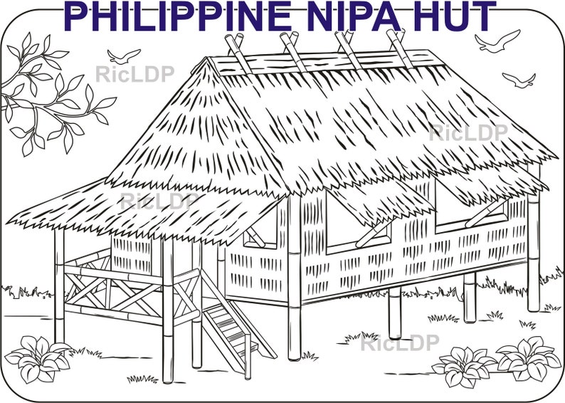 May include: A black and white line drawing of a traditional Filipino nipa hut. The hut has a thatched roof, bamboo walls, and a wooden floor. It is raised on stilts and has a small porch with a ladder leading up to it. The hut is surrounded by grass and flowers.
