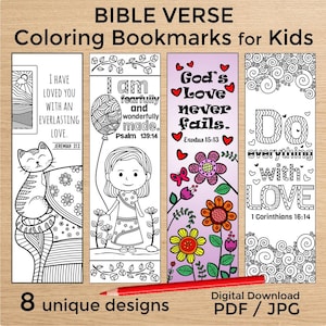 8 Bible Verse Coloring Bookmarks for Kids, Christian Scripture Art, Printable Sunday School Lesson Pack, Church Youth Ministry Gift
