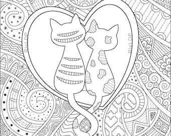 Heart Doodles - Coloring - Valentines Day - Love Birds - Couple Cats - Barn Owl - Blossom - Zentangle - Line Arts -  Digital Downloads