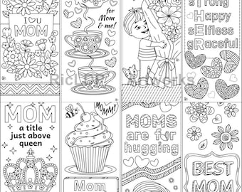 Moms Day - Coloring Bookmarks - Heart Doodles - Best Ever - Queen - Sweetest - Hugging - Flowers - Digital Download