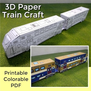 May include: A 3D paper train craft featuring two train cars. The top image shows a white, uncolored version with black outlines. The bottom inset shows a colored version in blue, tan, and maroon. Text reads 3D Paper Train Craft Printable Colorable PDF.