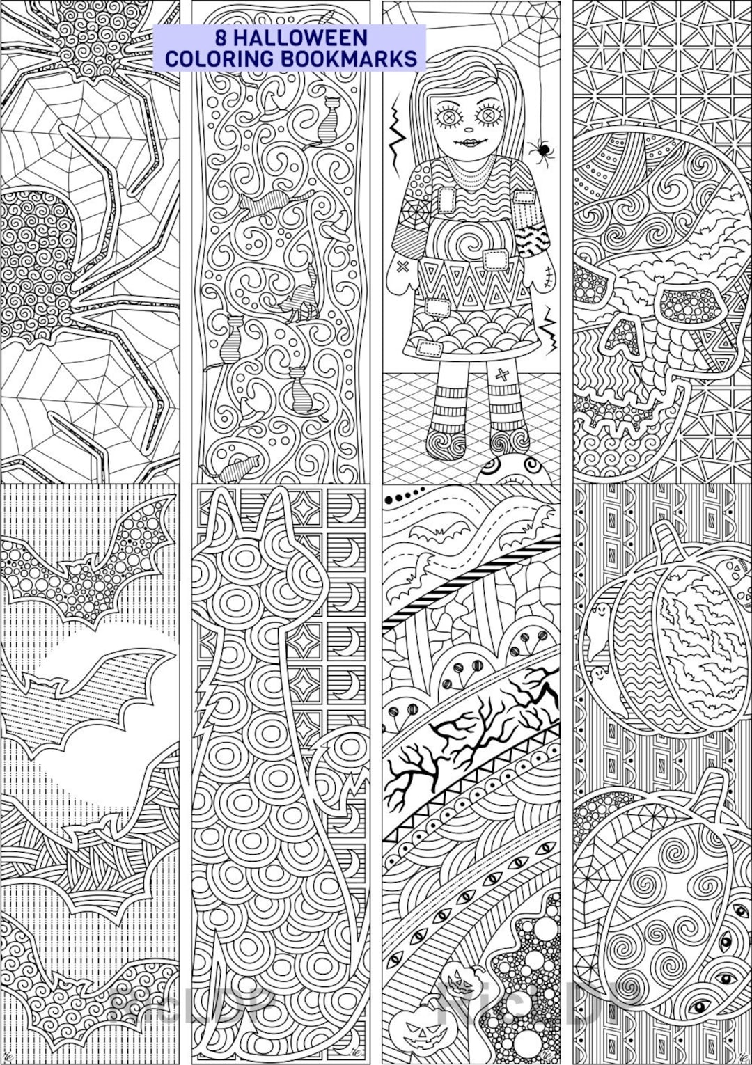 8 Halloween Coloring Bookmarks Creepy Abstract Design Markers