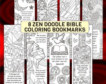 8 Hand-Drawn Bible Verse Coloring Bookmarks – Zen Doodle Scripture Bookmarks PDF