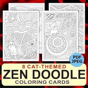 8 Cat-Themed Coloring Cards for Kids & Adults – Printable Intricate Zen Doodles for Mindfulness Coloring, Stress Relief and Relaxation