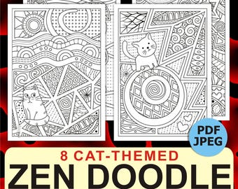 Cat Zen Doodle Coloring Cards: 8 Printable Intricate Designs (PDF/JPEG)