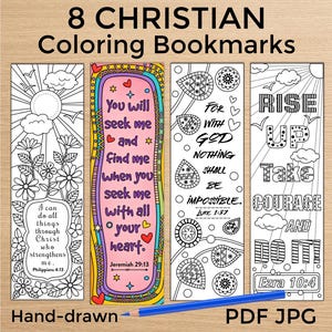 8 Christian Coloring Bookmarks, Bible Verse Art, Zen Doodle Scripture Memory Tool, Comfort Hope Encouragement Affirmation Craft Sheet, PDF