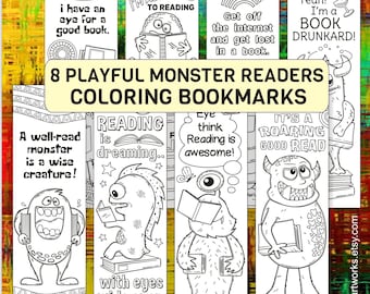 Set of 8 Playful Monster-Themed Bookmarks for Kids and Teens – Printable Colorable Lovable Alien Readers with Motivating Bookish Messages