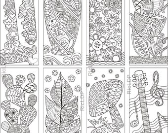 8 Coloring Bookmarks with Zentangle Things - Guitar, Flower Vase, Mushrooms, Bottle, Cups, Keys, Feather Doodles - Digital Download