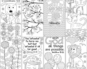 Printable Bible Bookmarks to Color - Isaiah 40 31 - Matthew 19 26 - All Possible with God - Cute Cat - Birds Doodle - Digital Download