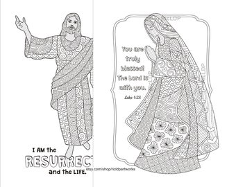 Set of 2 Coloring Pages with images of Mama Mary and Jesus -  Christian Zendoodles - Blessed Mary - Christ Resurrection -  Digital Download