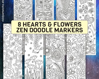 Floral Zen Doodle Bookmarks: Hand-drawn Coloring Art (PDF/JPEG)