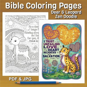 May include: Two Bible coloring pages featuring a deer and a leopard. The left page is a black and white line drawing of a deer with Psalm 42:1 text. The right page is a colored illustration of a leopard with three hearts and Psalm 13:5 text.