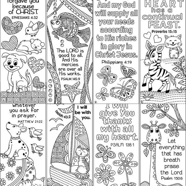 8 Animals & Insects Bible Coloring Bookmarks - Cute Christian Markers - Scripture Arts - Philippians 4 19 - Matthew 21 22 -Digital Download