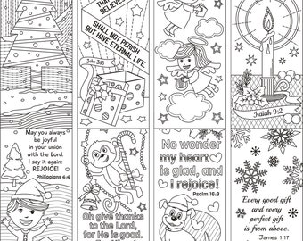 8 Christmas Coloring Bookmarks - Cute Markers with Bible Verses - Yuletide Coloring Templates - plus 4 colored items -Digital Download