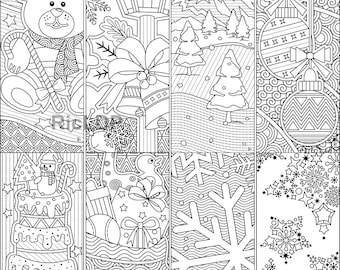 8 Christmas Coloring Bookmarks with Seamless Designs - Markers for the Yuletide Season - DIY Xmas Crafts - Digital Download