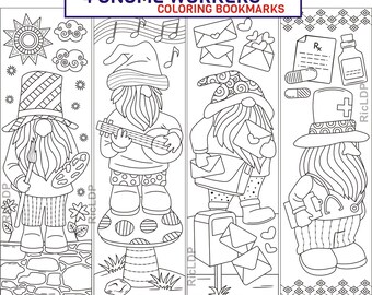 Four Coloring Bookmarks with Gnome Workers - St. Patrick's Day Markers - Dwarf - Doctor, Painter, Mailman, Musician - Digital Download