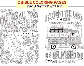 Bible Coloring - Anxiety Relief - Scripture Arts - 1 Peter 5 7 -  Psalm 34 - Cares for You - Answered Me - Digital Download