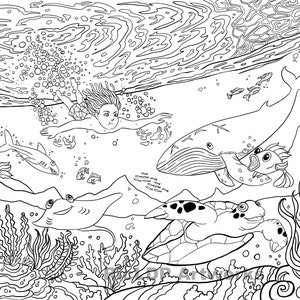 Two Under-the-Sea Coloring Pages Hand Drawn Doodles Boy swimming Whale, Shark, Stingray, Fishes, Turtle & Corals Digital downloads image 7