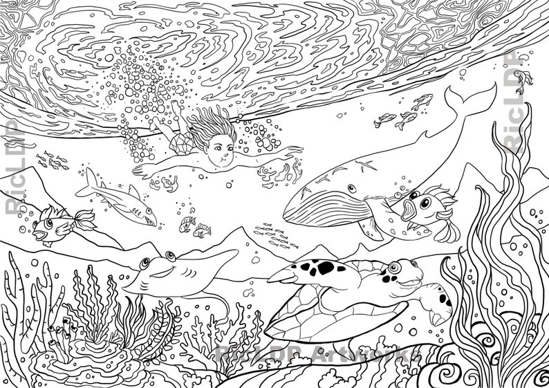 Two Under-the-Sea Coloring Pages Hand Drawn Doodles Boy swimming Whale, Shark, Stingray, Fishes, Turtle & Corals Digital downloads image 7