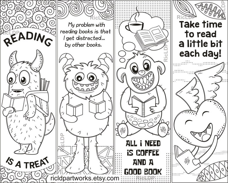 Fun Monster Coloring Bookmarks 8 Pack Printable for Kids, Quotes on