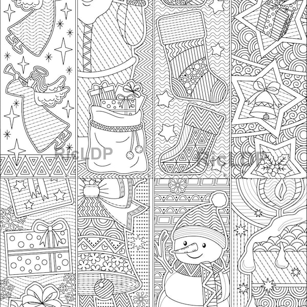 8 Christmas Coloring Bookmarks - X-mas Markers Seamless Line Patterns -Snowman, Angels, Socks, Santa Claus, Candle, Gifts, Digital Download