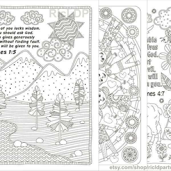 Three Bible Coloring Pages - Verses from the Book of James - Landscape Mountain Scene - Flowers - Cute Kids Doodles - Digital Download