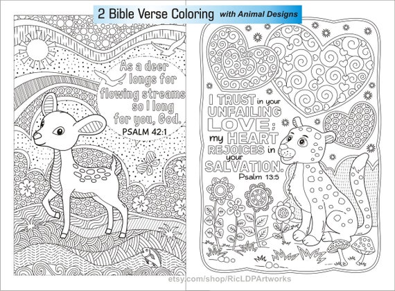 Download 2 Bible Coloring Pages Cute Animal Designs Deer Leopard Etsy