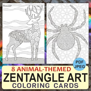 8 Printable Animal-Themed Cards for Mindful Coloring – Zentangle Animal Crafts: Whale, Camel, Rhinoceros, Deer Pelican, Hog, Ostrich, Spider