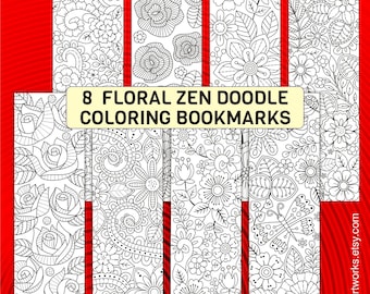 8 Flower Coloring Bookmarks, Seamless Botanical Pattern Sheet, Printable Nature Mindfulness Gift, Adult Self Care Therapy Activity Page, PDF