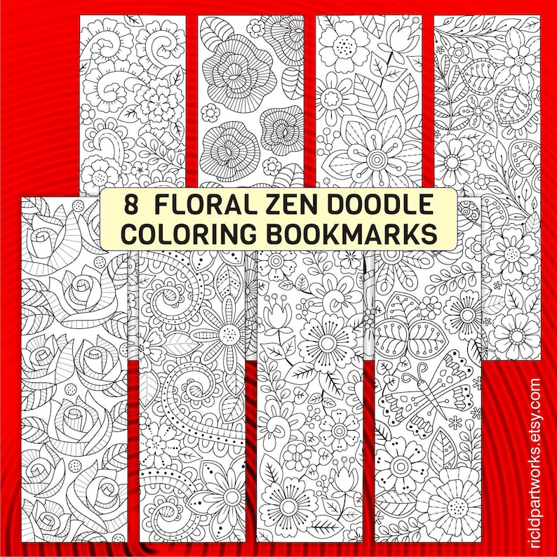 the cover design presenting the eight flower and foliage coloring bookmarks