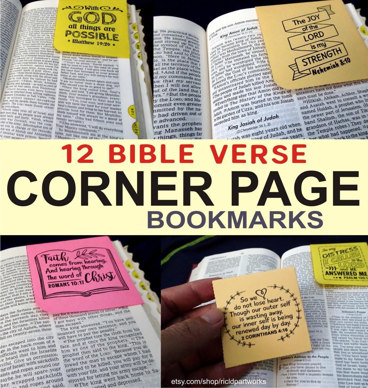 12 Bible Corner Page Bookmarks – Printable DIY Scripture Arts: Romans 10, Nehemiah 8, Galatians 6, Nahum, Philippians 4, Matthew 19, Psalms