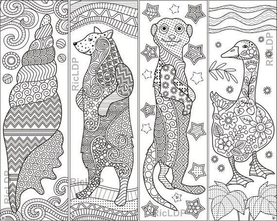 set of 8 animal zentangle coloring bookmarks bear kangaroo etsy