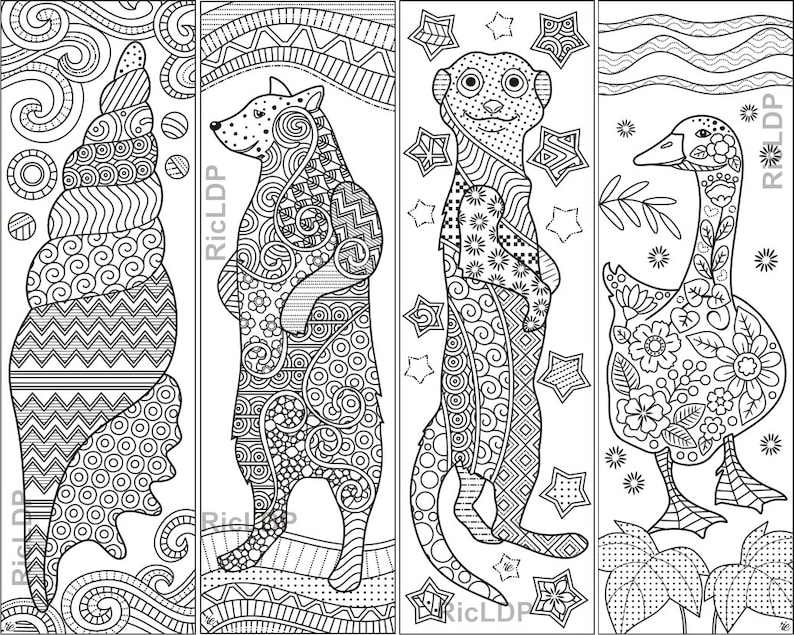 set of 8 animal zentangle coloring bookmarks bear kangaroo etsy