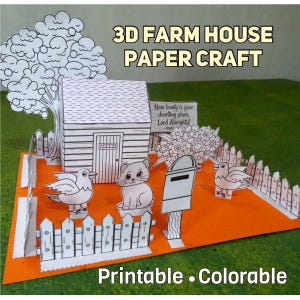 May include: A paper craft 3D farmhouse scene featuring a house, tree, fence, and animal cutouts. The scene is set on an orange base with the text "3D FARM HOUSE PAPER CRAFT" and "Printable • Colorable". A sign reads "How lovely is your dwelling place. Lord Almighty!"