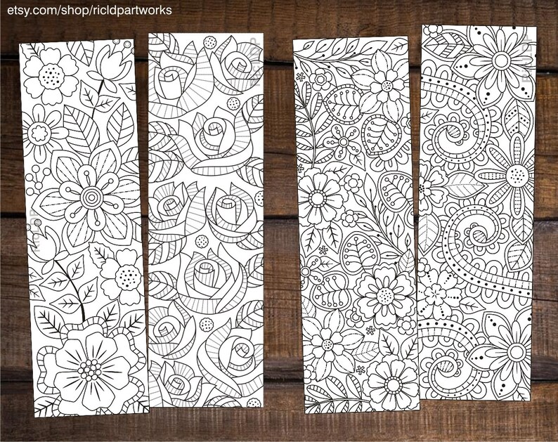 Packet preview of floral line art bookmarks for coloring