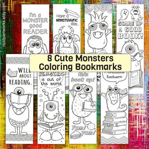 8 Cute Whimsical Monster Coloring Bookmarks with Sayings on Books & Learning – Printable Monster Craft for Homeschool and Classroom Fun