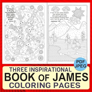 3 Bible Coloring Pages from the Book of James – Printable Nature-Inspired Line Art: Mountain Scene, Animal Doodles,  Flowers & Cute Children