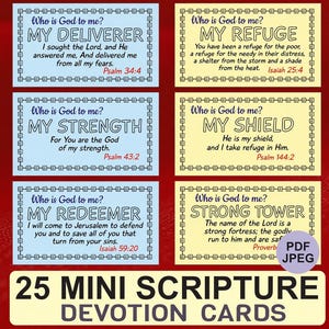 May include: A set of 25 mini scripture devotion cards featuring six rectangular designs with blue or yellow backgrounds, black borders, and religious text including Who is God to me, My Deliverer, My Refuge, My Strength, My Shield, and My Redeemer.