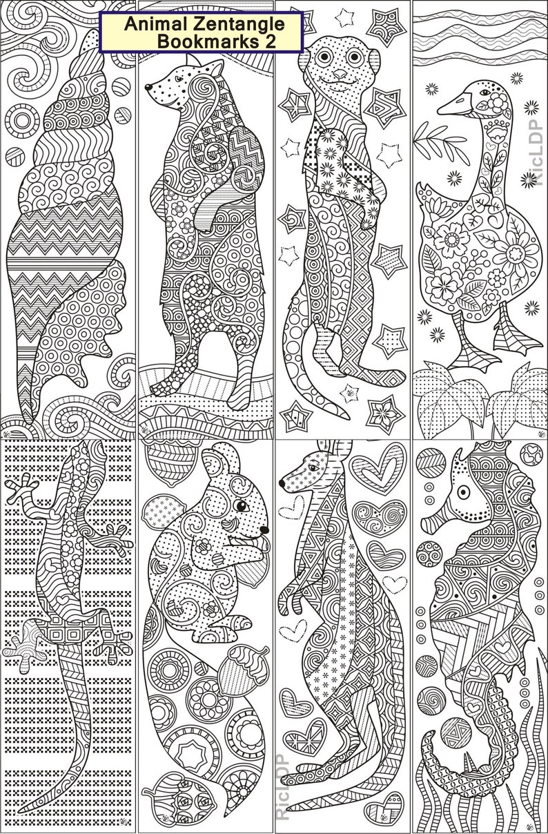 set of 8 animal zentangle coloring bookmarks bear kangaroo etsy