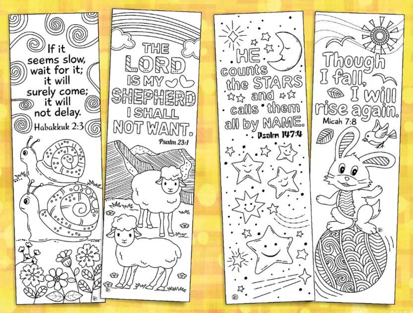 Set of 8 Bible Coloring Bookmarks With Animals, Insects and Stars