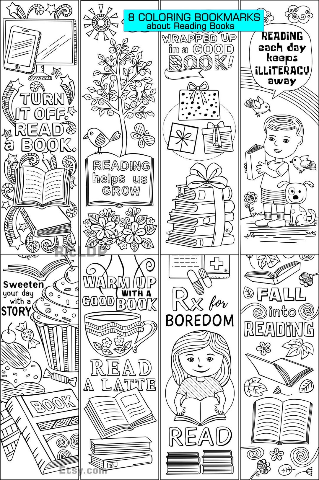 8 Coloring Bookmarks About Reading Cute Markers With Images of Books, Boy,  Girl, Birds, Coffee Inspiring Phrases Digital Download 