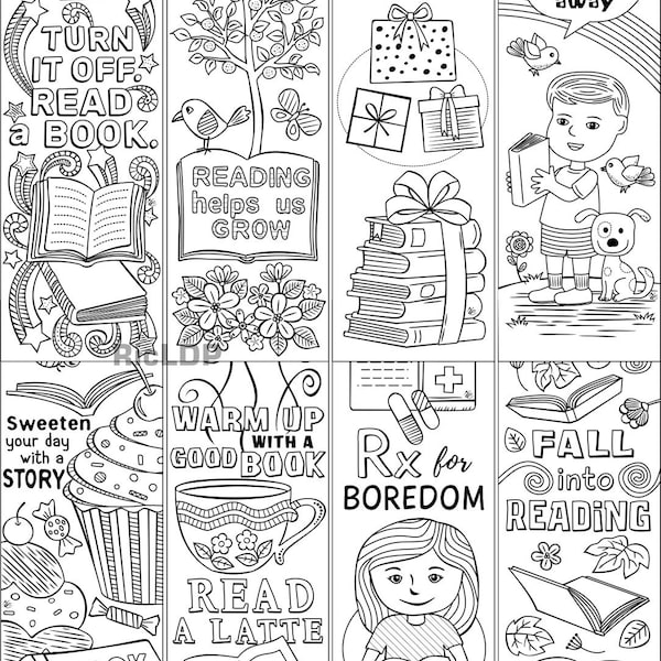 Coloring Bookmarks -  Reading - Book Illustration - Cartoon - Good Reads - Bookworm - Love Reading - Digital Download
